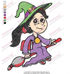 Cute Witch on Broom Embroidery Design